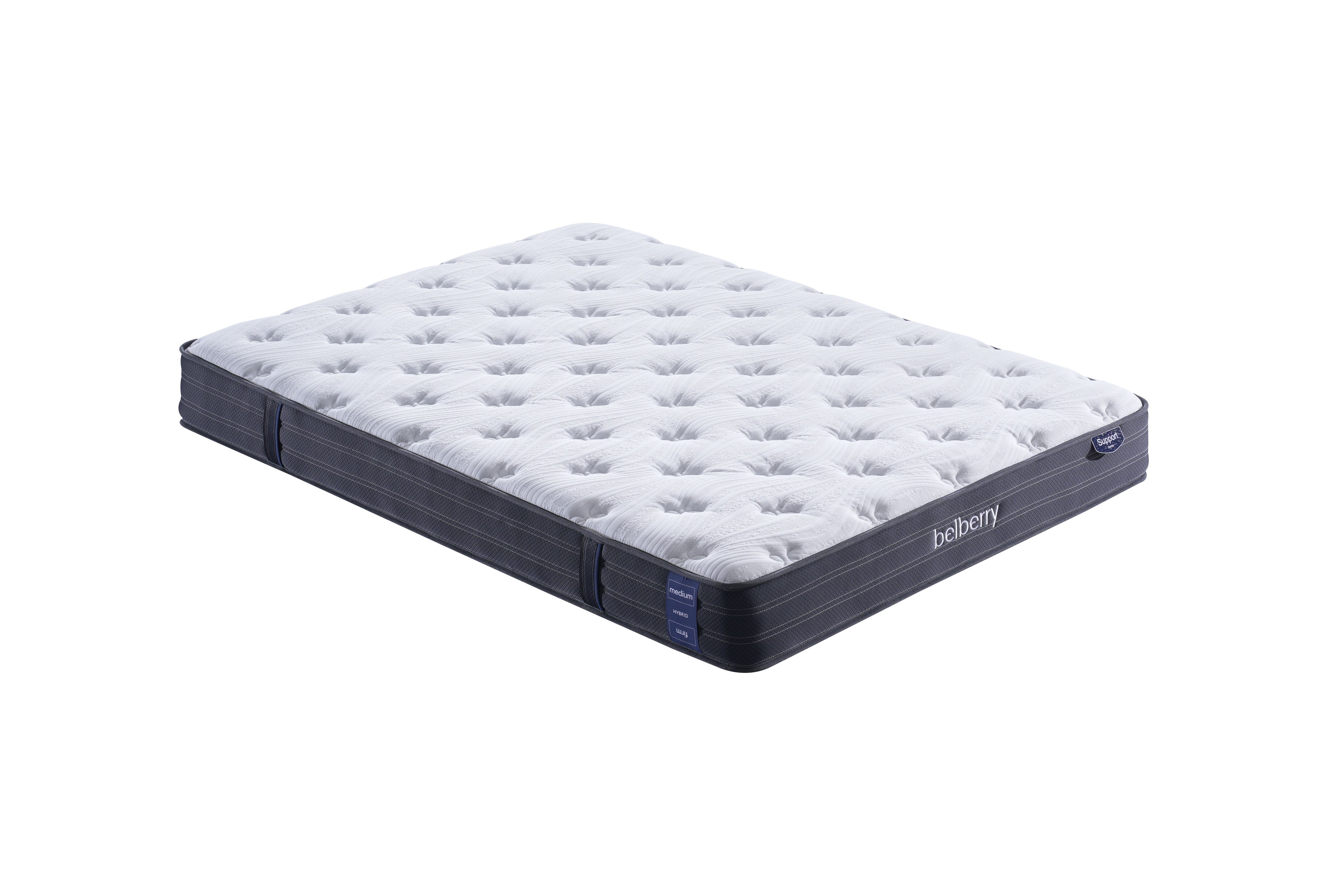 Belberry Support mattress with a white tufted top and a dark navy blue side panel, shown at an angle on a solid white background. The brand name 'labrity' is visible on the side.