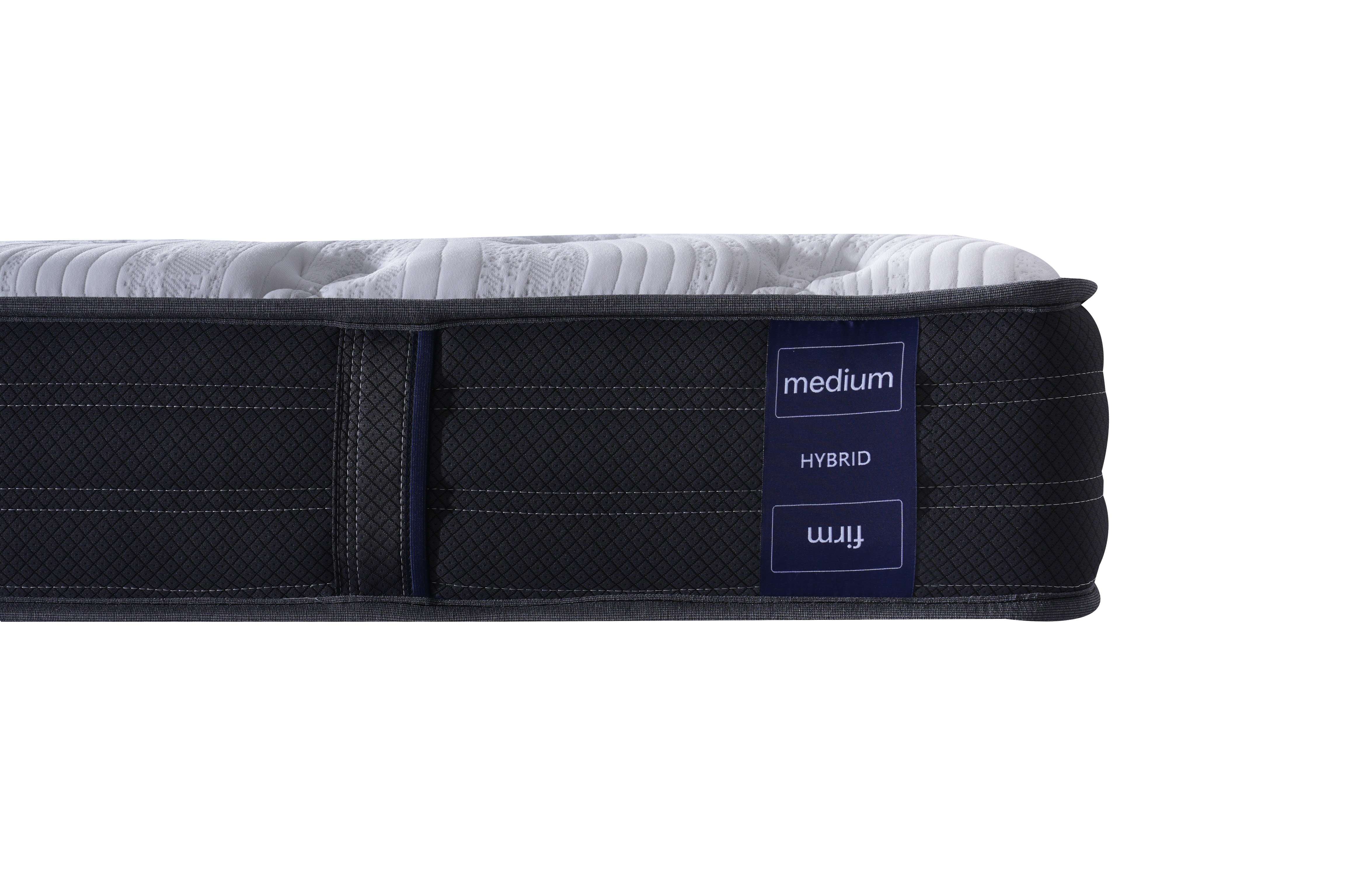 Side view of a medium hybrid mattress with a dark textured side panel, a white quilted top surface, and a navy blue label showing the brand 'mij' and the text 'medium HYBRID'.