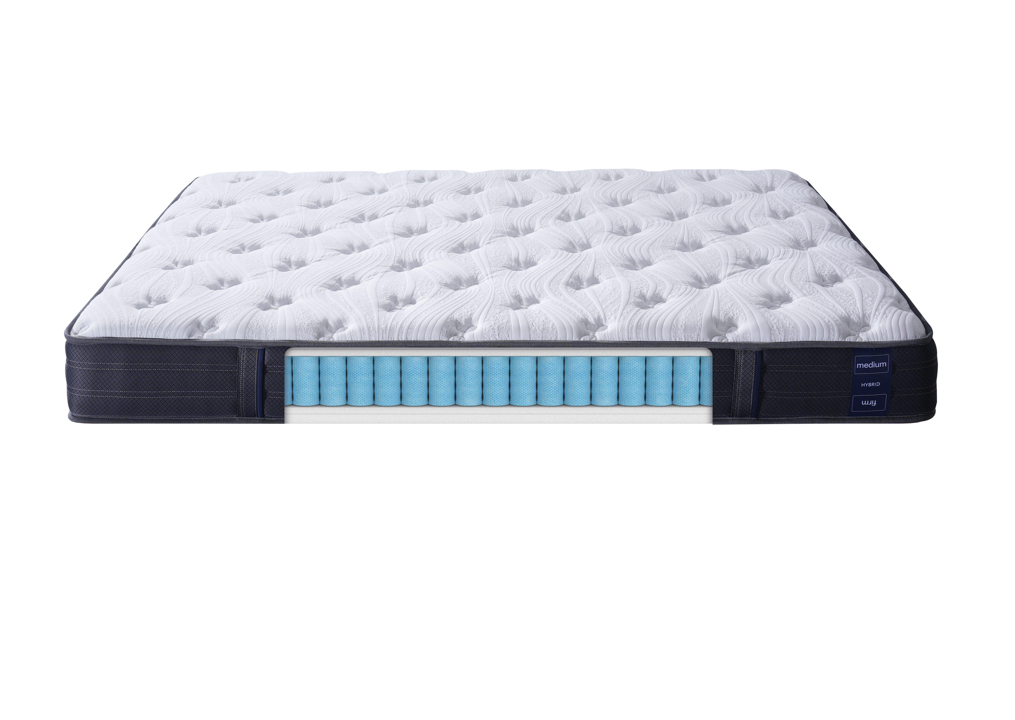 A mattress shown from a side profile view on a solid white background, featuring a white tufted top, a dark navy side bolster, and a light blue segmented individualy wrapped pocket spring support core.