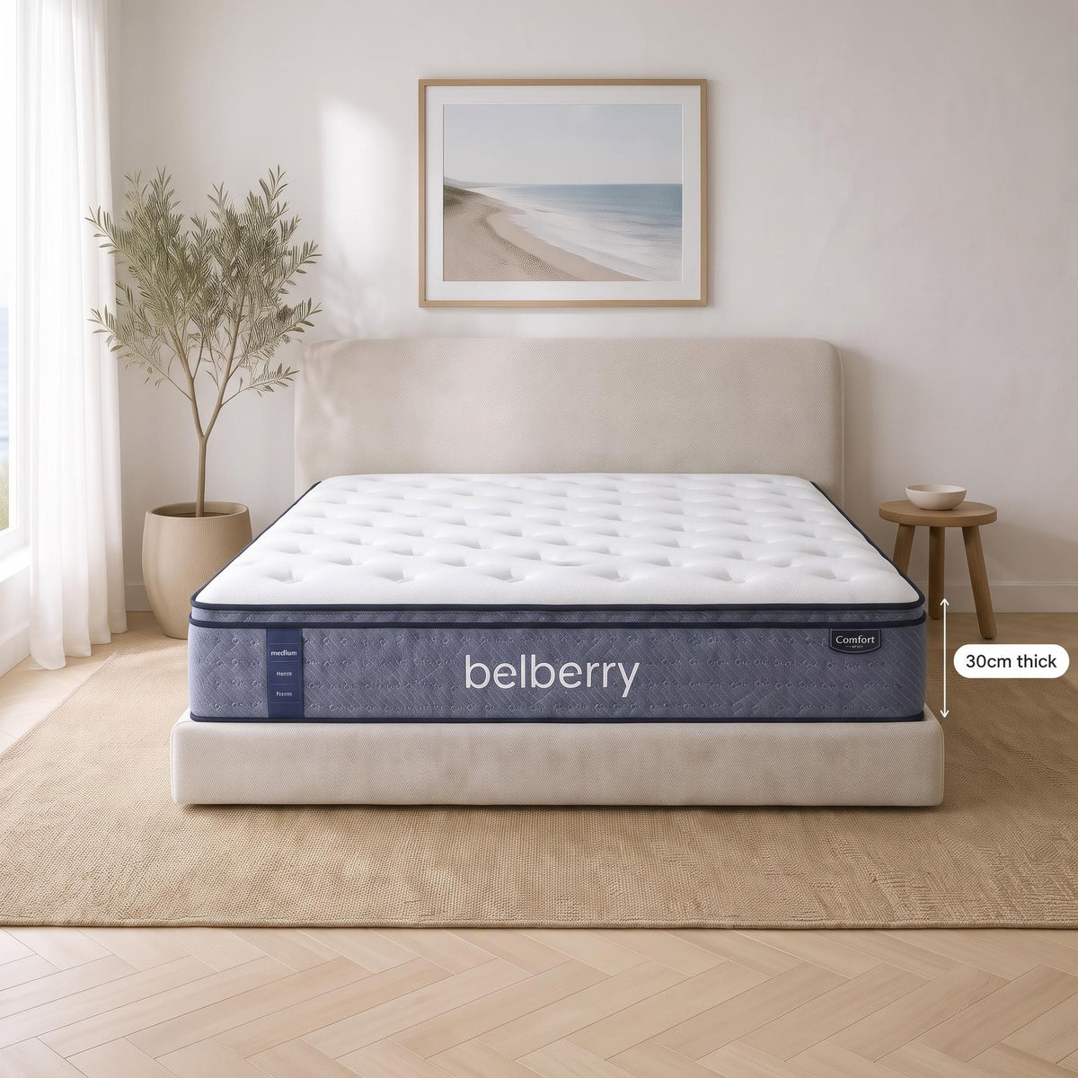Belberry Comfort  30cm Pillowtop Med/Firm Hybrid Pocket Spring Reversible Queen Mattress