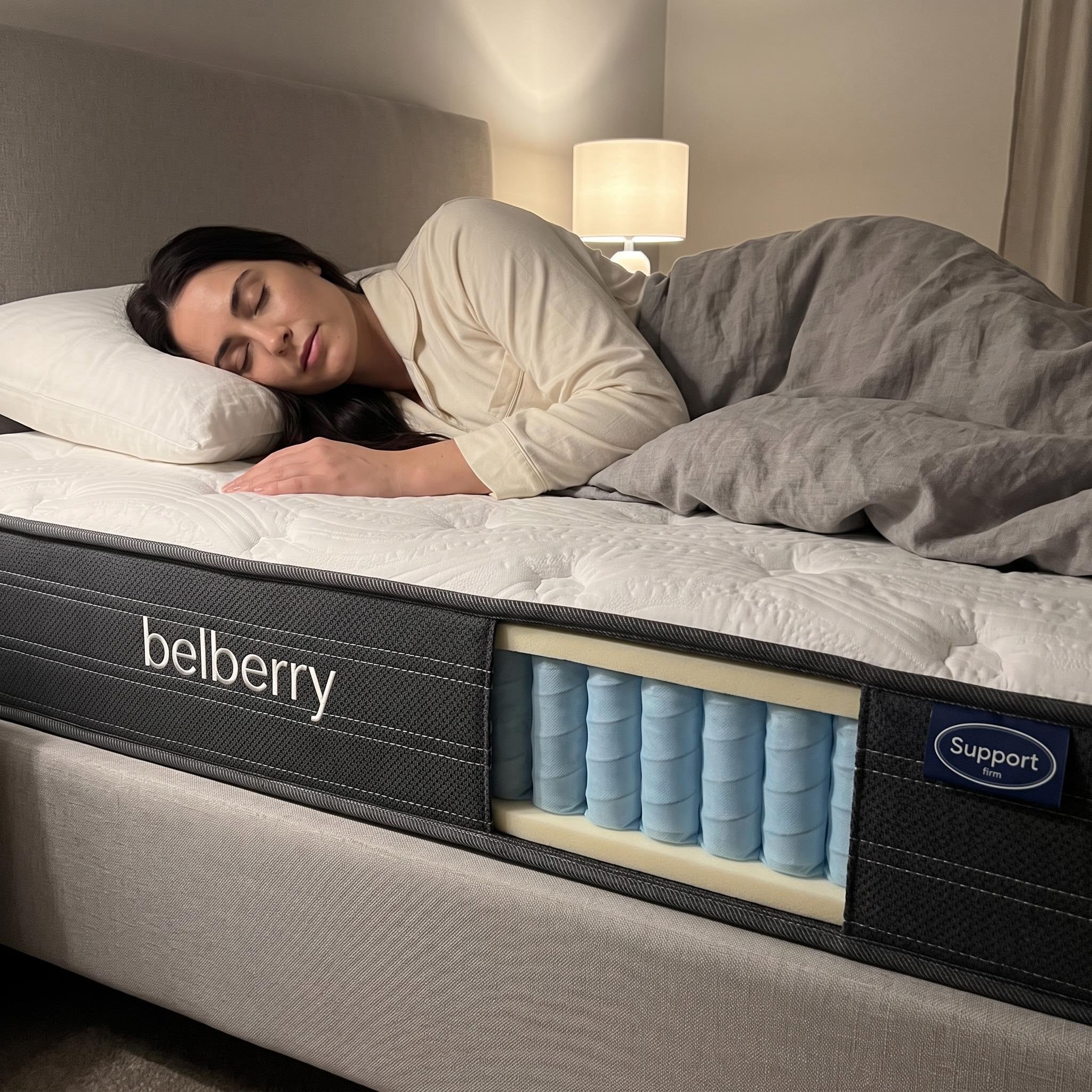 A woman sleeping peacefully on a bed with a mattress shown from the side. The mattress features a black side panel with the brand name 'belberry' and a cutaway revealing blue support coils.