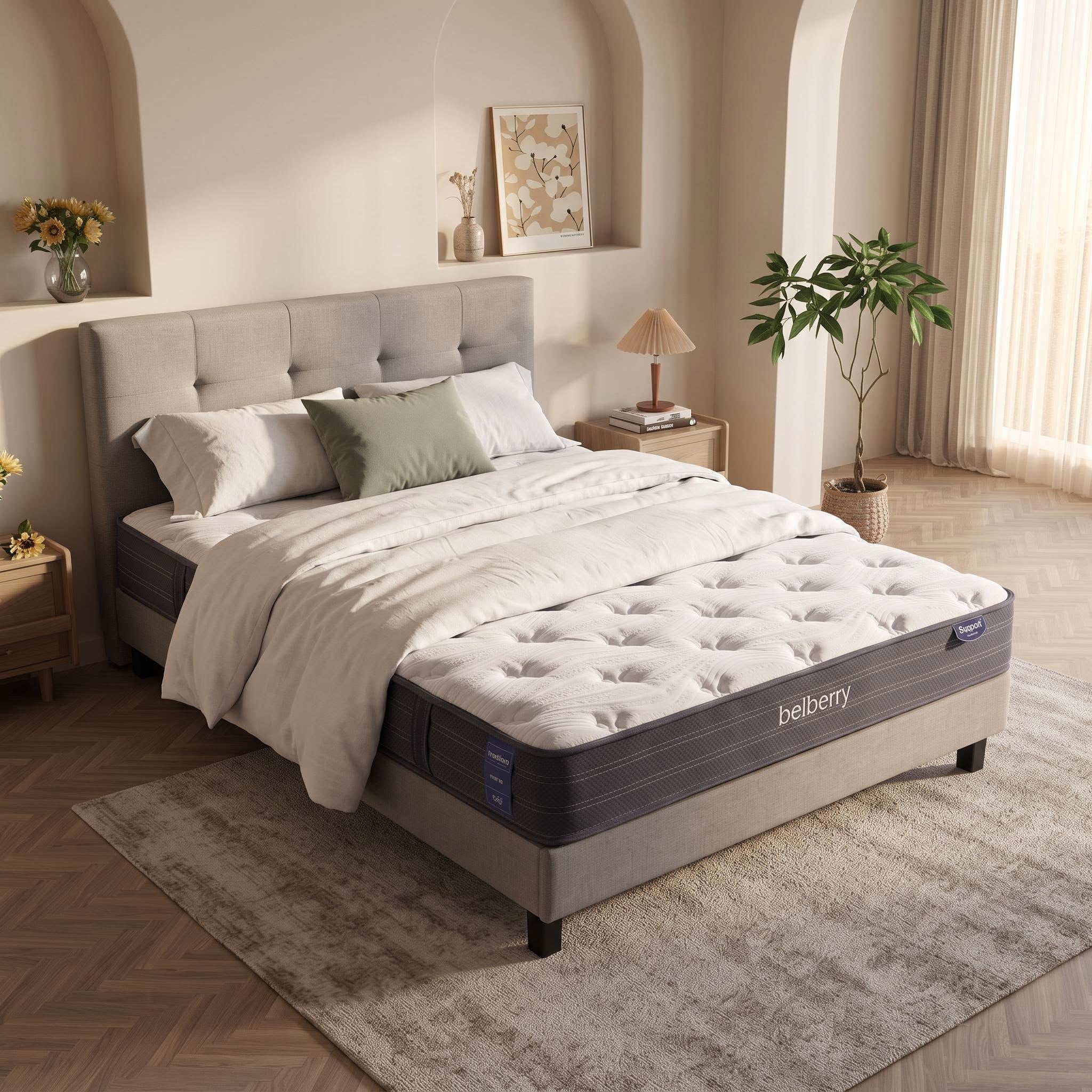 A tufted mattress on a gray upholstered bed frame in a styled bedroom setting. The mattress has a white tufted top and a dark gray side panel with the brand name 'belberry' visible.